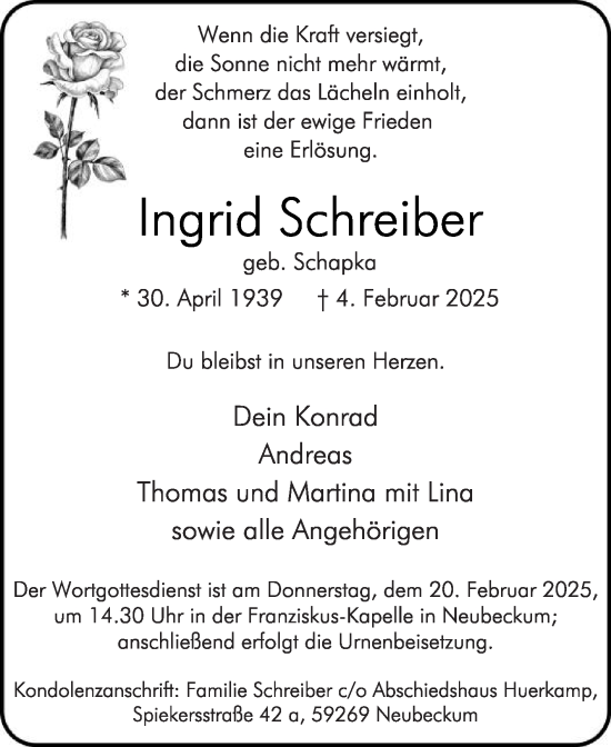 Traueranzeige von Ingrid Schreiber von Die Glocke