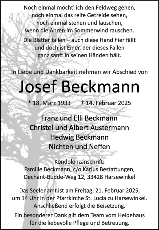 Traueranzeige von Josef Beckmann von Die Glocke