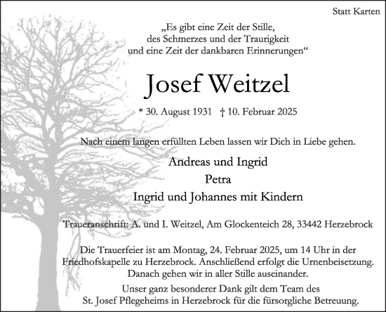 Traueranzeige von Josef Weitzel von Die Glocke