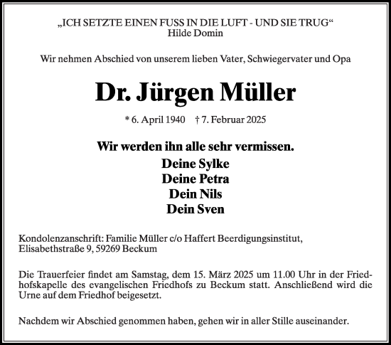 Traueranzeige von Jürgen Müller von Die Glocke