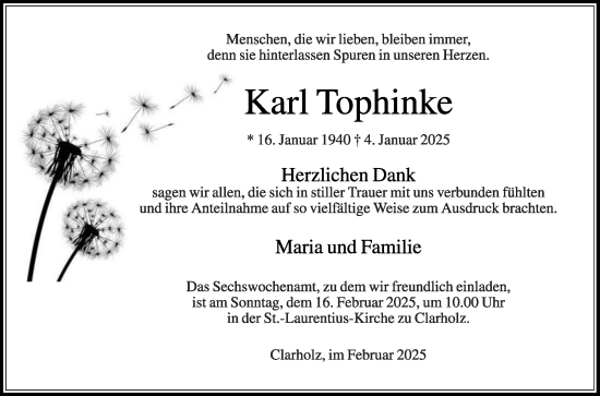 Traueranzeige von Karl Tophinke von Die Glocke