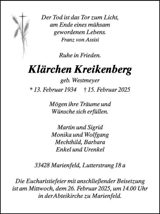 Traueranzeige von Klärchen Kreikenberg von Die Glocke