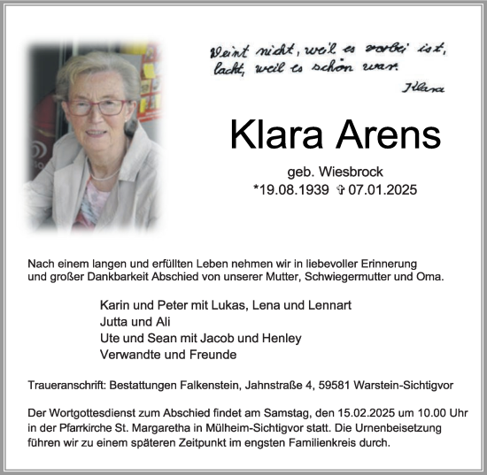 Traueranzeige von Klara Arens von Die Glocke