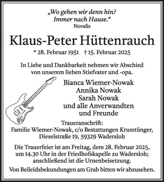 Traueranzeige von Klaus-Peter Hüttenrauch von Die Glocke