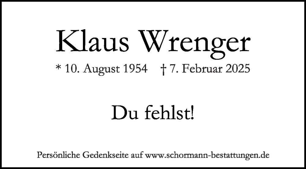  Traueranzeige für Klaus Wrenger vom 14.02.2025 aus Die Glocke