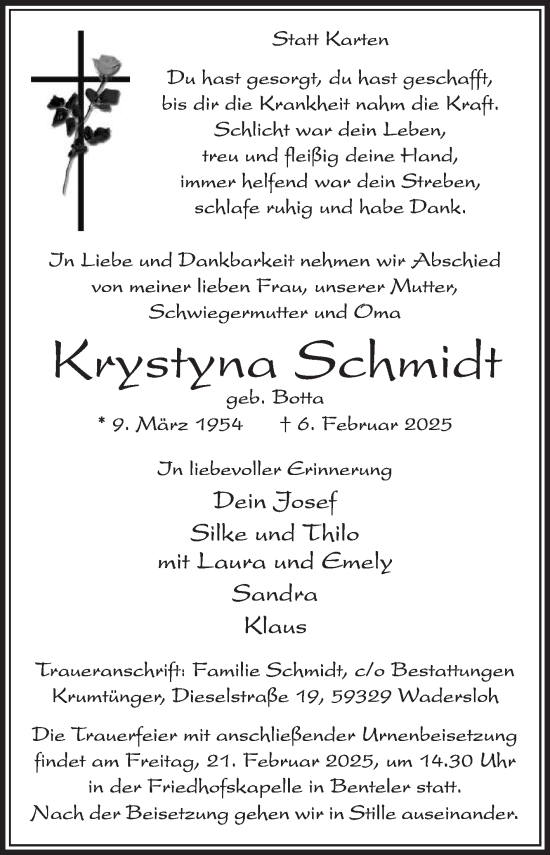Traueranzeige von Krystyna Schmidt von Die Glocke