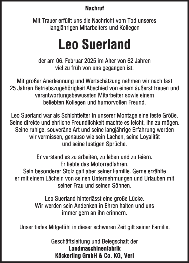  Traueranzeige für Leo Suerland vom 15.02.2025 aus Die Glocke
