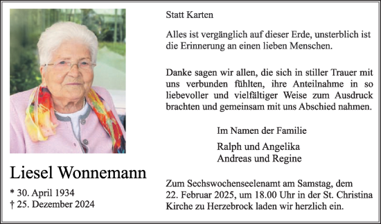 Traueranzeige von Liesel Wonnemann von Die Glocke