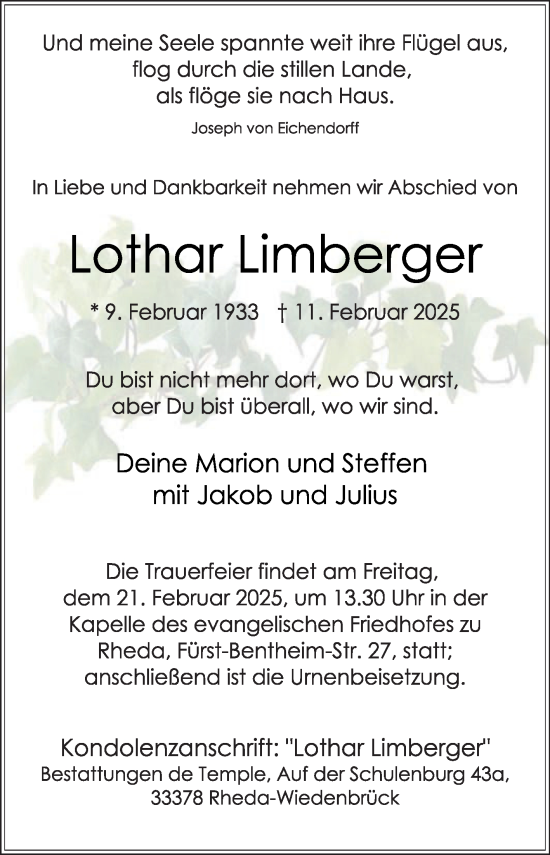 Traueranzeige von Lothar Limberger von Die Glocke