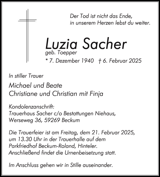 Traueranzeige von Luzia Sacher von Die Glocke