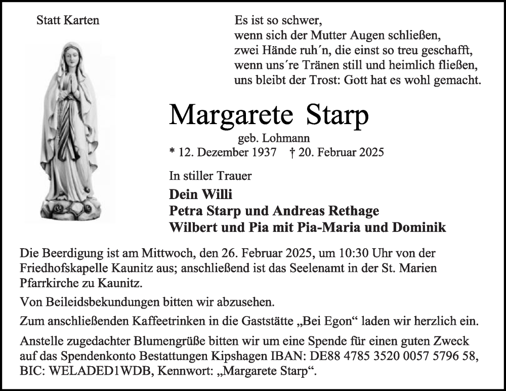  Traueranzeige für Margarete Starp vom 22.02.2025 aus Die Glocke