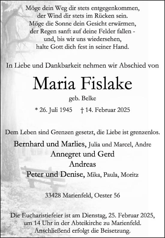 Traueranzeige von Maria Fislake von Die Glocke