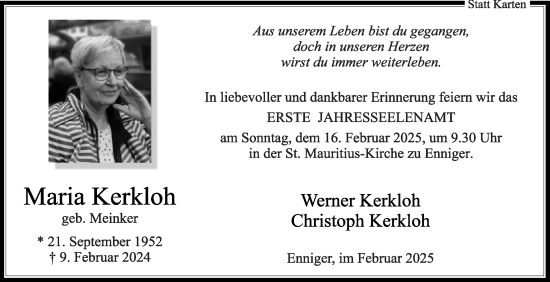 Traueranzeige von Maria Kerkloh von Die Glocke