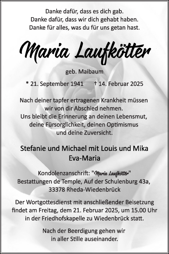 Traueranzeige von Maria Laufkötter von Die Glocke