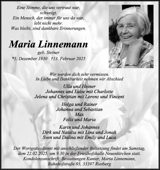 Traueranzeige von Maria Linnemann von Die Glocke