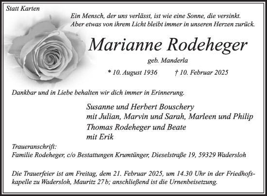 Traueranzeige von Marianne Rodeheger von Die Glocke