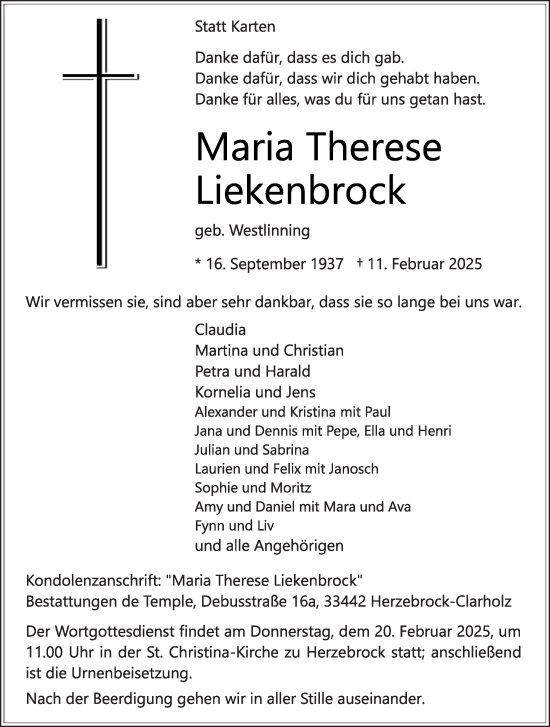Traueranzeige von Maria Therese Liekenbrock von Die Glocke
