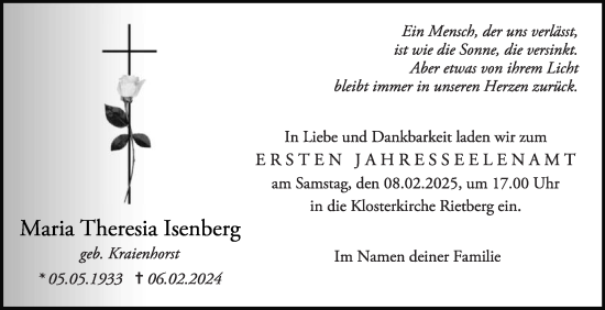 Traueranzeige von Maria Theresia Isenberg von Die Glocke