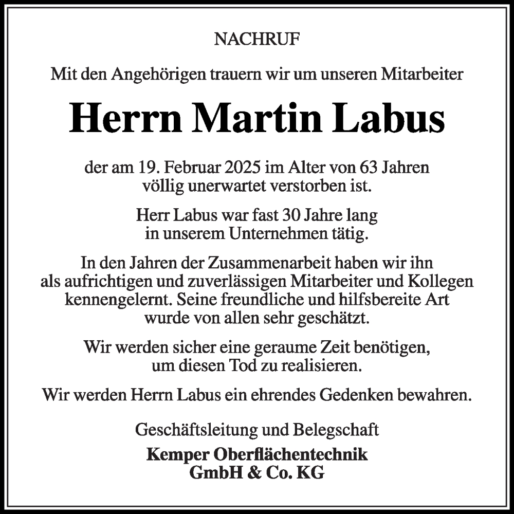  Traueranzeige für Martin Labus vom 22.02.2025 aus Die Glocke