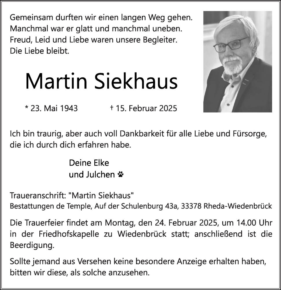  Traueranzeige für Martin Siekhaus vom 19.02.2025 aus Die Glocke