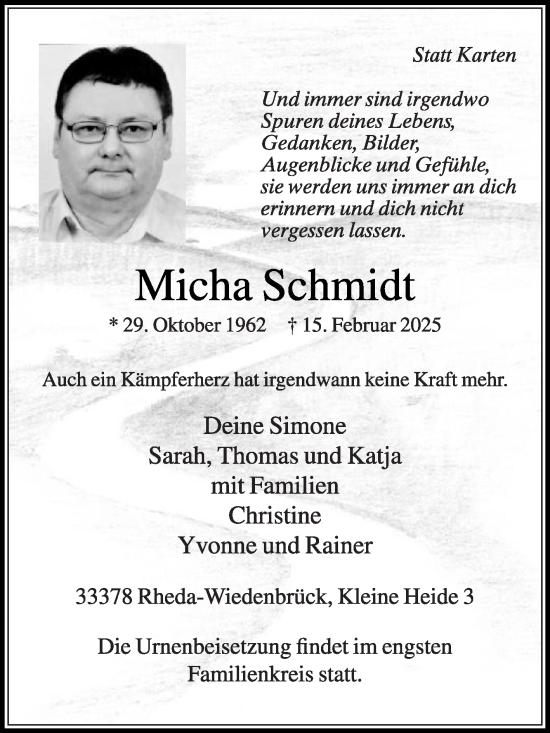 Traueranzeige von Micha Schmidt von Die Glocke