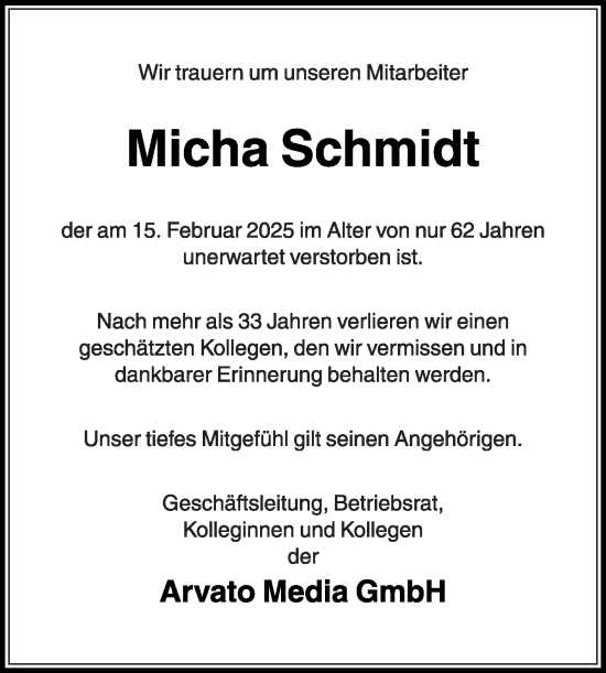 Traueranzeige von Micha Schmidt von Die Glocke