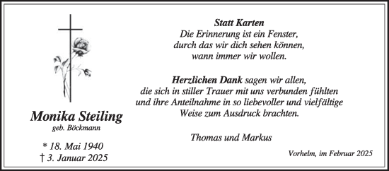 Traueranzeige von Monika Steiling von Die Glocke