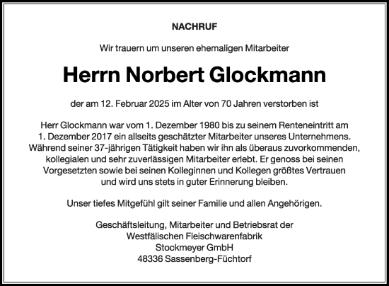 Traueranzeige von Norbert Glockmann von Die Glocke