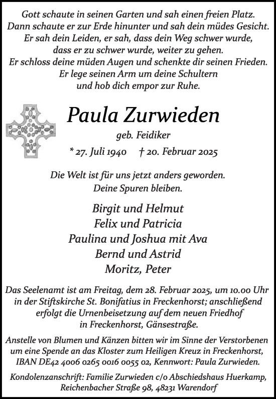 Traueranzeige von Paula Zurwieden von Die Glocke
