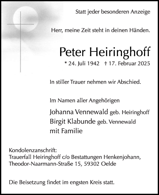 Traueranzeige von Peter Heiringhoff von Die Glocke