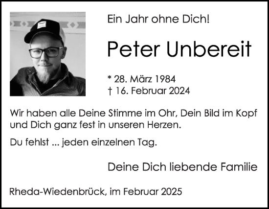 Traueranzeige von Peter Unbereit von Die Glocke