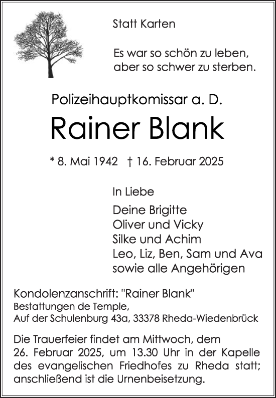 Traueranzeige von Rainer Blank von Die Glocke