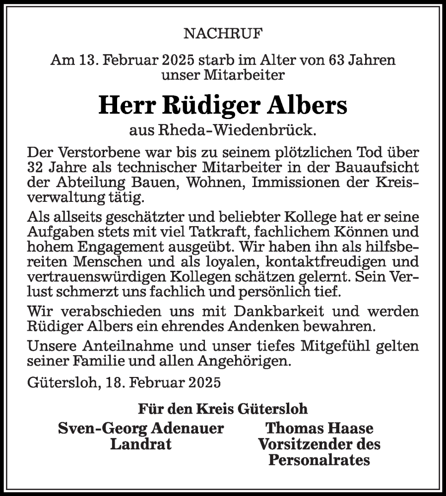  Traueranzeige für Rüdiger Albers vom 22.02.2025 aus Die Glocke