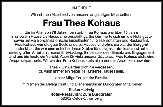 Traueranzeige von Thea Kohaus von Die Glocke