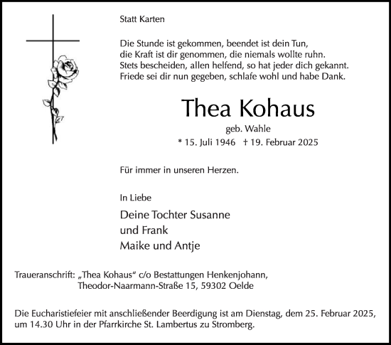 Traueranzeige von Thea Kohaus von Die Glocke