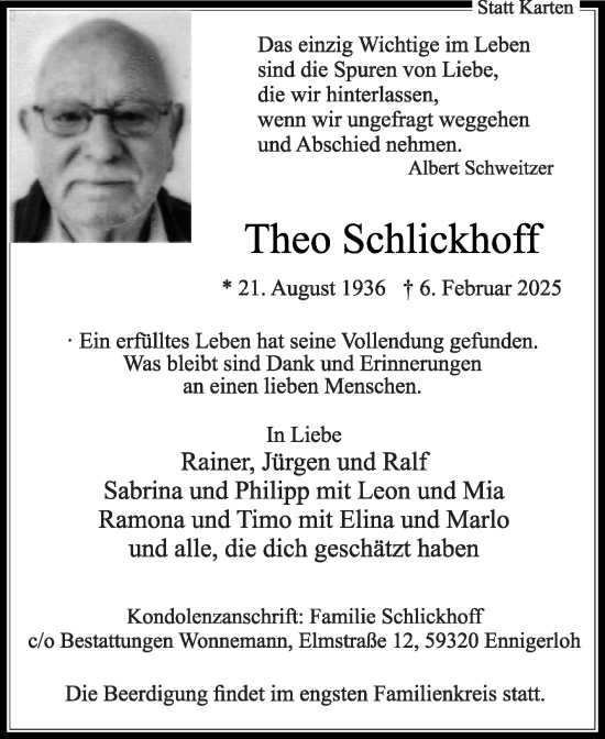 Traueranzeige von Theo Schlickhoff von Die Glocke