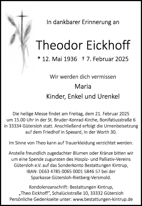 Traueranzeige von Theodor Eickhoff von Die Glocke