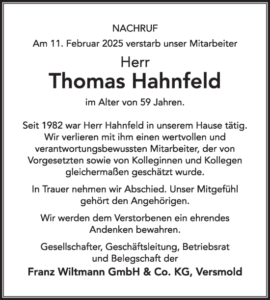 Traueranzeige von Thomas Hahnfeld von Die Glocke