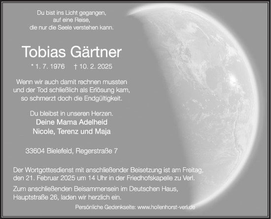 Traueranzeige von Tobias Gärtner von Die Glocke