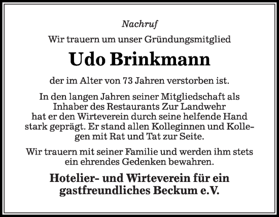 Traueranzeige von Udo Brinkmann von Die Glocke