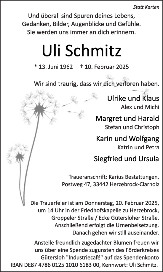 Traueranzeige von Uli Schmitz von Die Glocke
