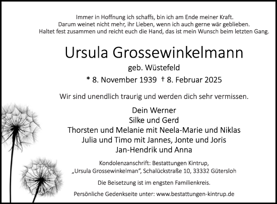 Traueranzeige von Ursula Grossewinkelmann von Die Glocke