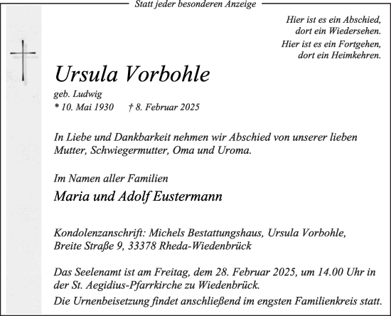Traueranzeige von Ursula Vorbohle von Die Glocke