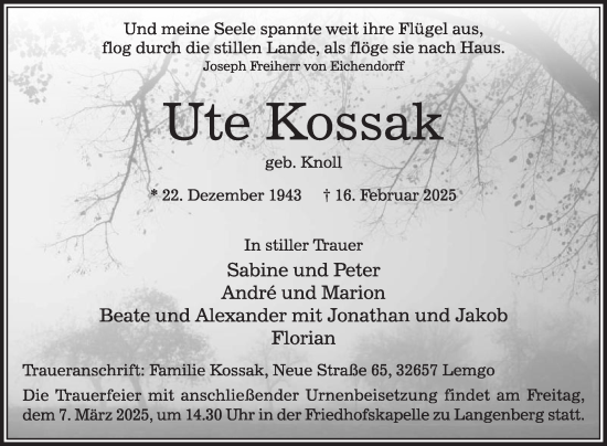 Traueranzeige von Ute Kossak von Die Glocke