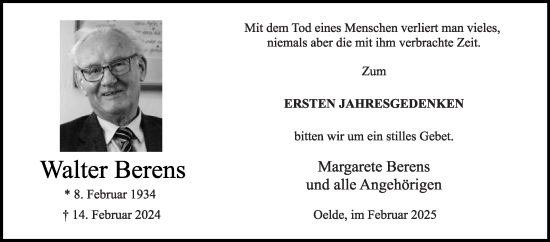 Traueranzeige von Walter Berens von Die Glocke