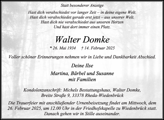 Traueranzeige von Walter Domke von Die Glocke