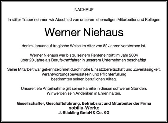 Traueranzeige von Werner Niehaus von Die Glocke