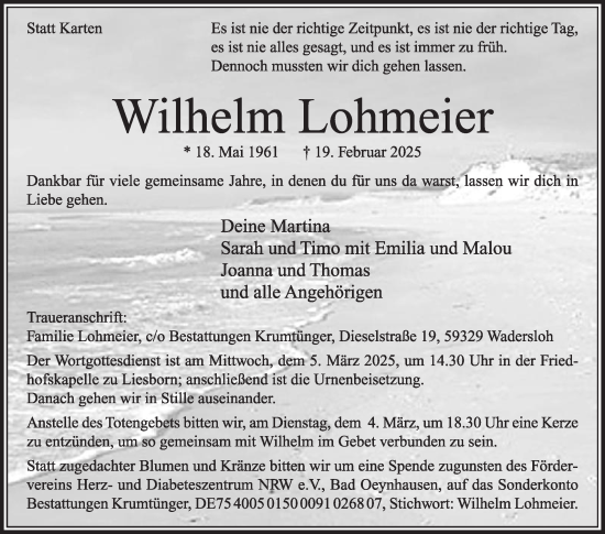 Traueranzeige von Wilhelm Lohmeier von Die Glocke