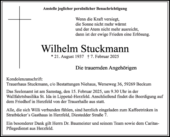 Traueranzeige von Wilhelm Stuckmann von Die Glocke
