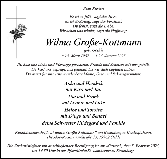 Traueranzeige von Wilma Große-Kottmann von Die Glocke